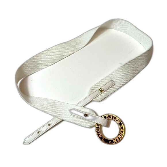 Vintage Lauren Ralph Lauren White Webbing with Gold Circle Adjustable Belt 35.5" - Picture 1 of 5